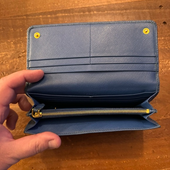 Prada Saffiano Leather Blue Ribbon Gold Long‎ Wallet Guaranteed 100% Authentic - Picture 9 of 15